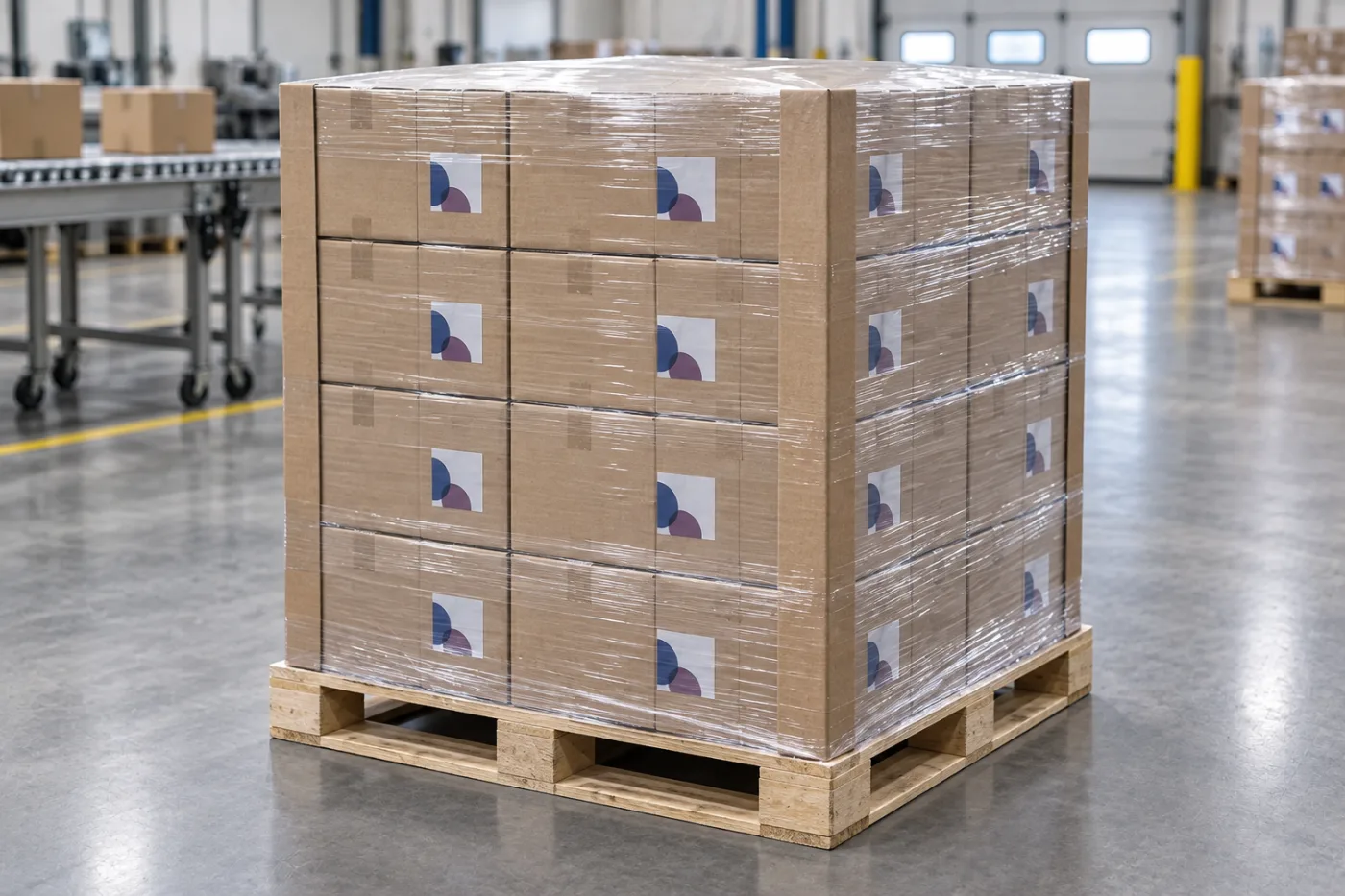 Sealed master cases secured with stretch wrap on a freight-ready pallet