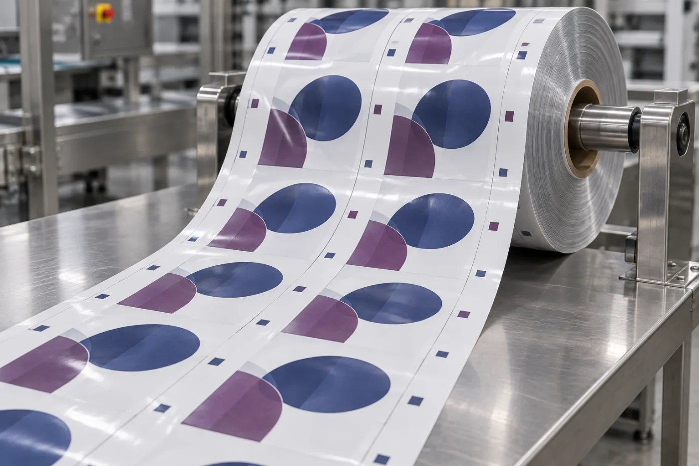 Flat custom printed stick-pack rollstock unwinding across a stainless steel work surface