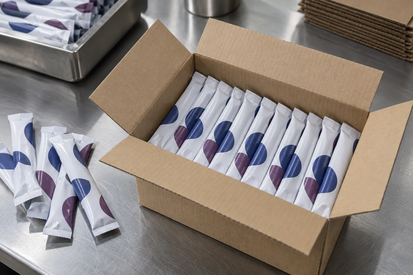 Finished stick packs arranged in a corrugated master shipping case