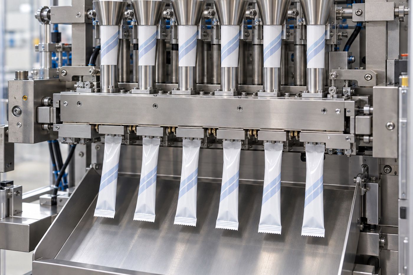 Six powder stick packs emerging from a multi-lane filling and sealing machine